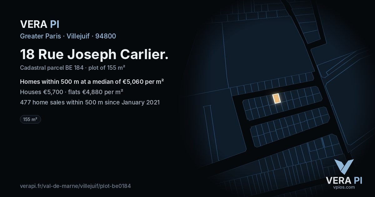 18 Rue Joseph Carlier, Villejuif at night – the plot lit, the parcels around coloured by the prices near them