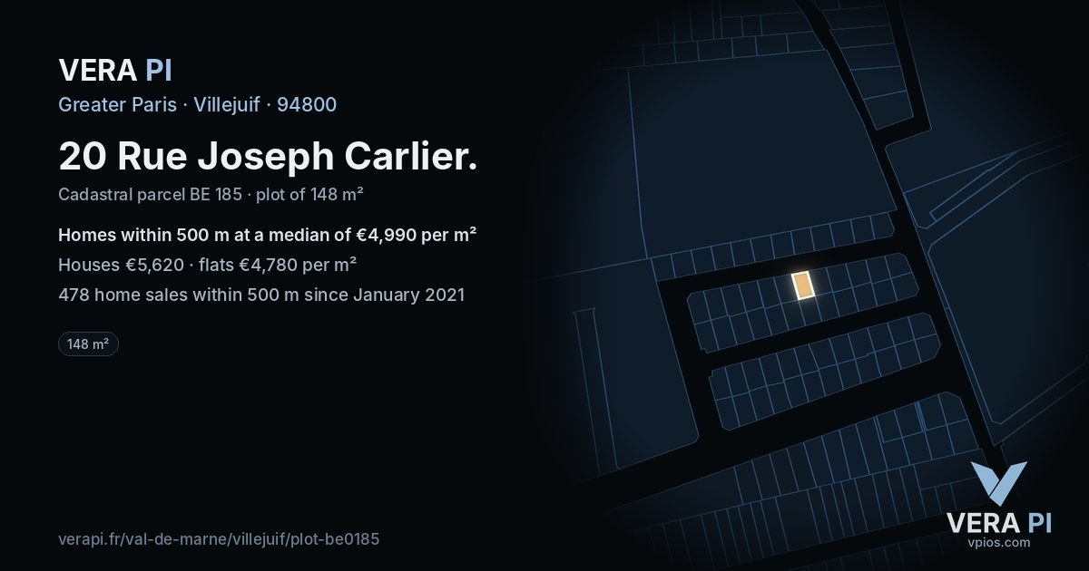 20 Rue Joseph Carlier, Villejuif at night – the plot lit, the parcels around coloured by the prices near them