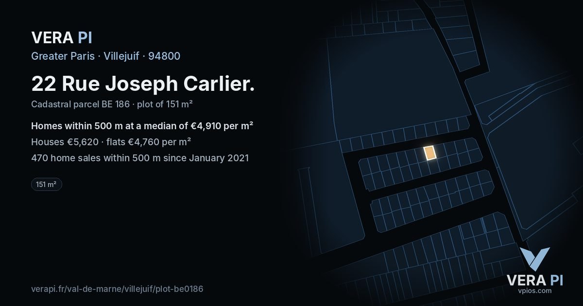 22 Rue Joseph Carlier, Villejuif at night – the plot lit, the parcels around coloured by the prices near them