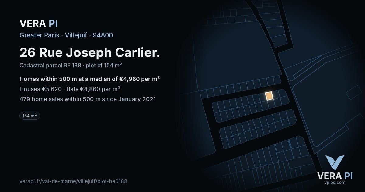 26 Rue Joseph Carlier, Villejuif at night – the plot lit, the parcels around coloured by the prices near them