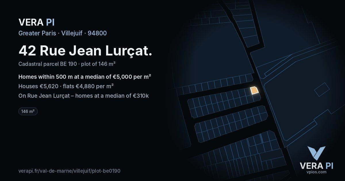 42 Rue Jean Lurçat, Villejuif at night – the plot lit, the parcels around coloured by the prices near them