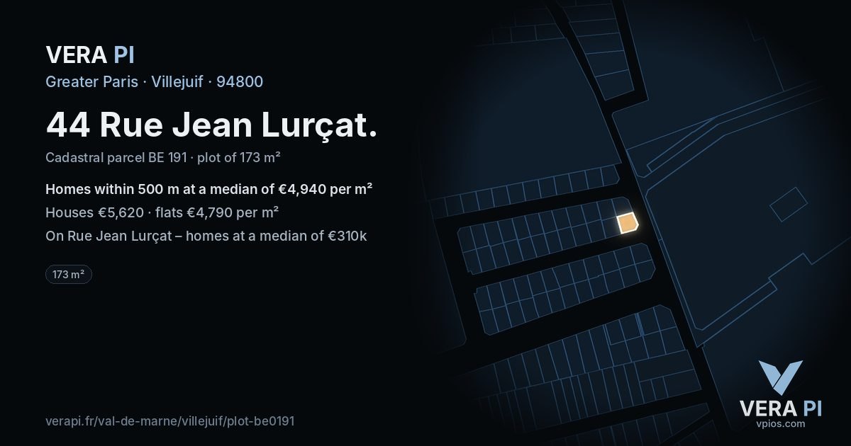 44 Rue Jean Lurçat, Villejuif at night – the plot lit, the parcels around coloured by the prices near them