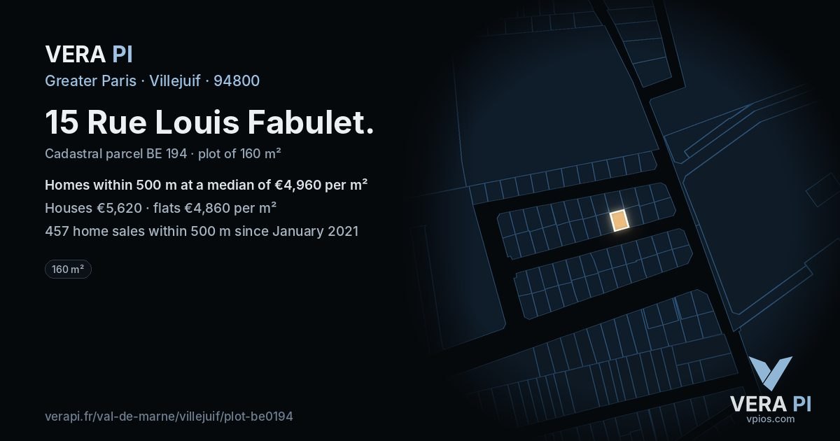 15 Rue Louis Fabulet, Villejuif at night – the plot lit, the parcels around coloured by the prices near them