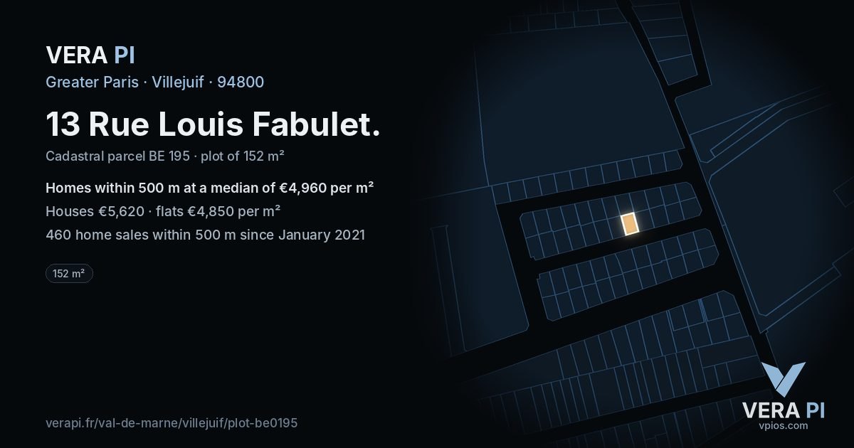 13 Rue Louis Fabulet, Villejuif at night – the plot lit, the parcels around coloured by the prices near them