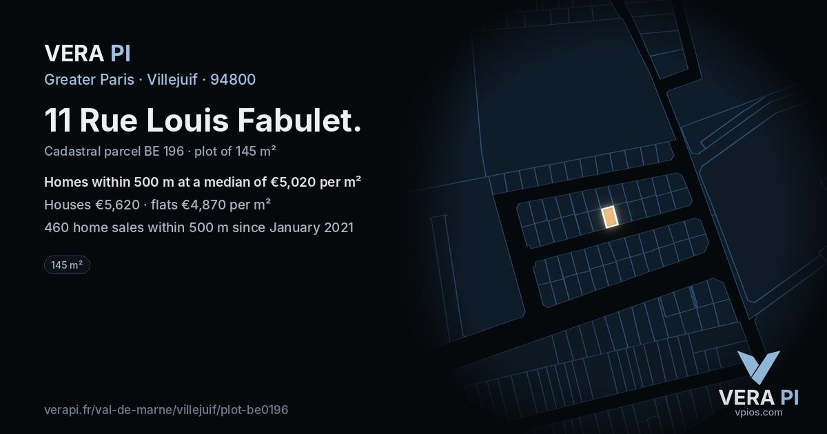 11 Rue Louis Fabulet, Villejuif at night – the plot lit, the parcels around coloured by the prices near them
