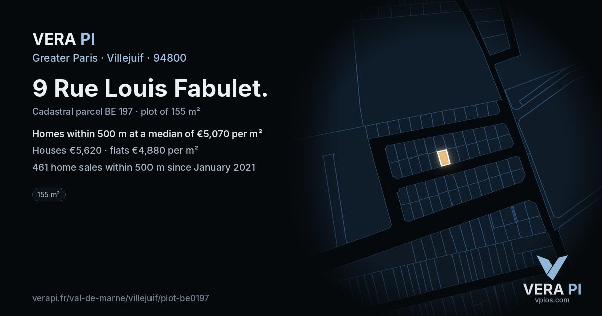 9 Rue Louis Fabulet, Villejuif at night – the plot lit, the parcels around coloured by the prices near them