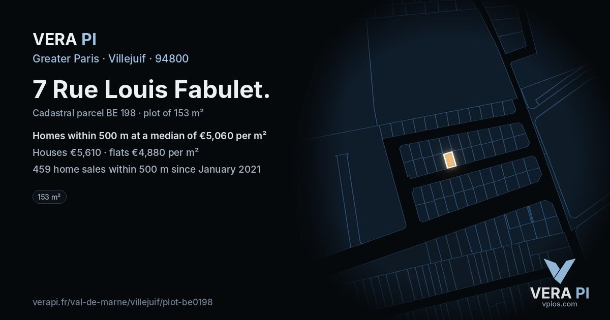7 Rue Louis Fabulet, Villejuif at night – the plot lit, the parcels around coloured by the prices near them