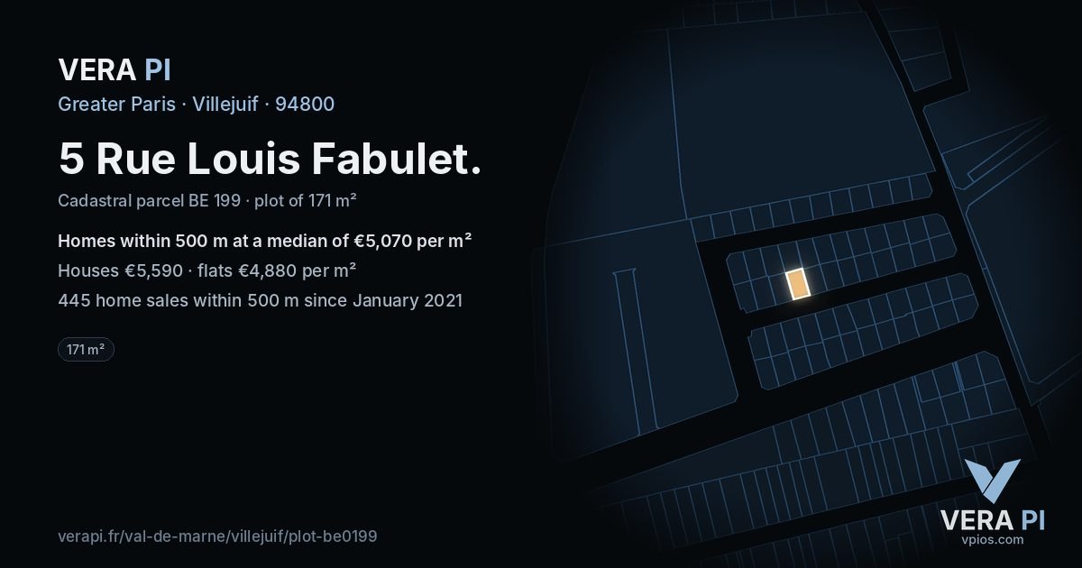 5 Rue Louis Fabulet, Villejuif at night – the plot lit, the parcels around coloured by the prices near them