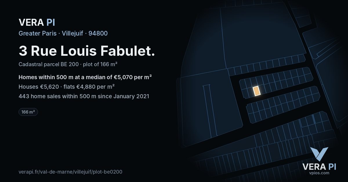 3 Rue Louis Fabulet, Villejuif at night – the plot lit, the parcels around coloured by the prices near them