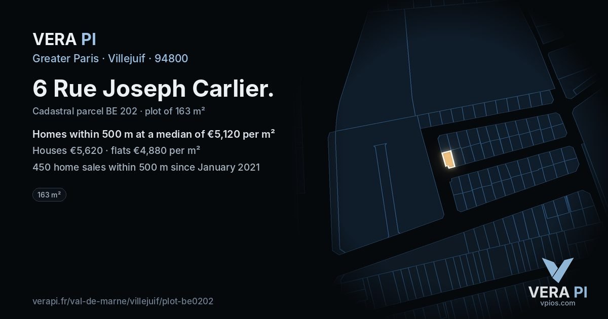 6 Rue Joseph Carlier, Villejuif at night – the plot lit, the parcels around coloured by the prices near them