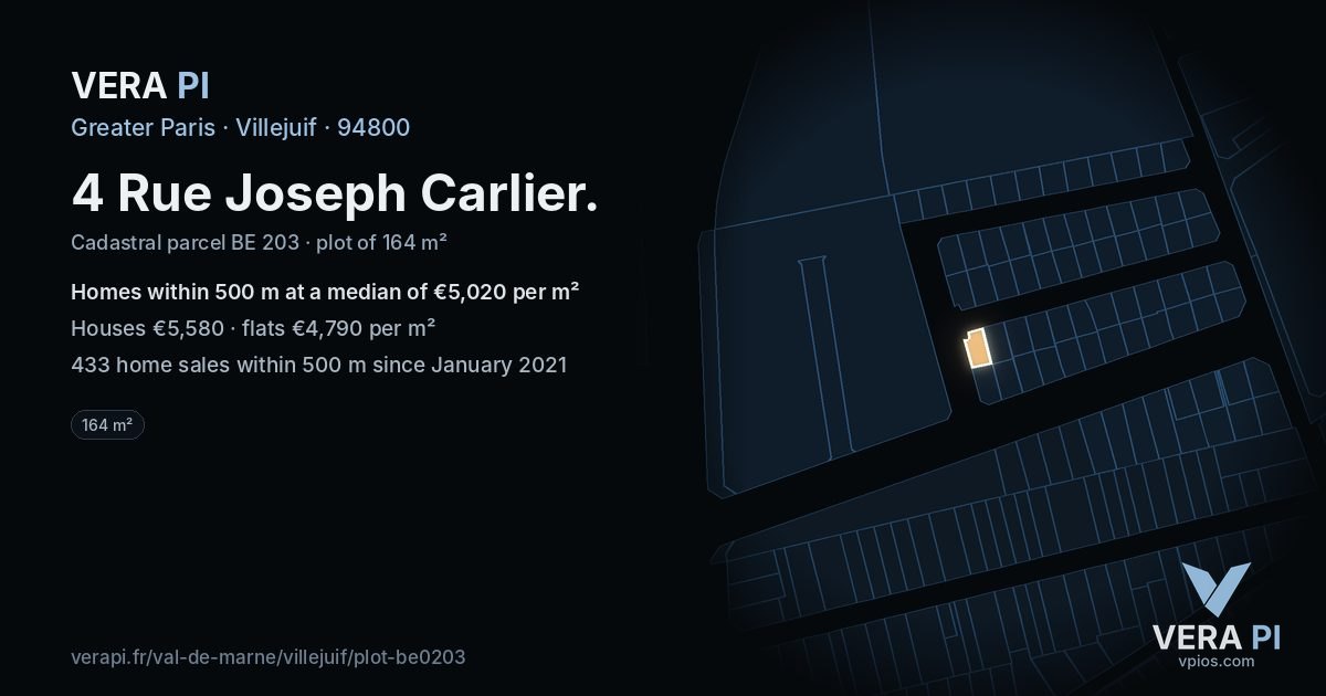 4 Rue Joseph Carlier, Villejuif at night – the plot lit, the parcels around coloured by the prices near them