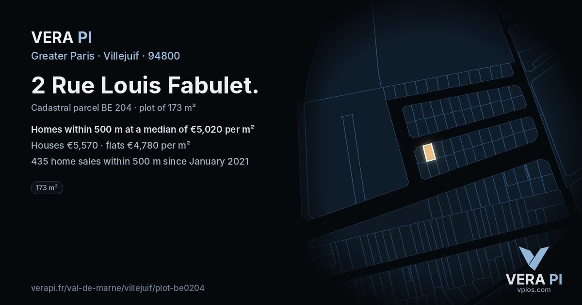 2 Rue Louis Fabulet, Villejuif at night – the plot lit, the parcels around coloured by the prices near them