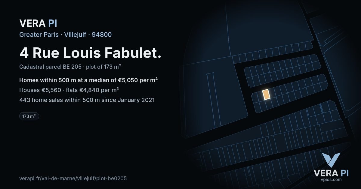 4 Rue Louis Fabulet, Villejuif at night – the plot lit, the parcels around coloured by the prices near them