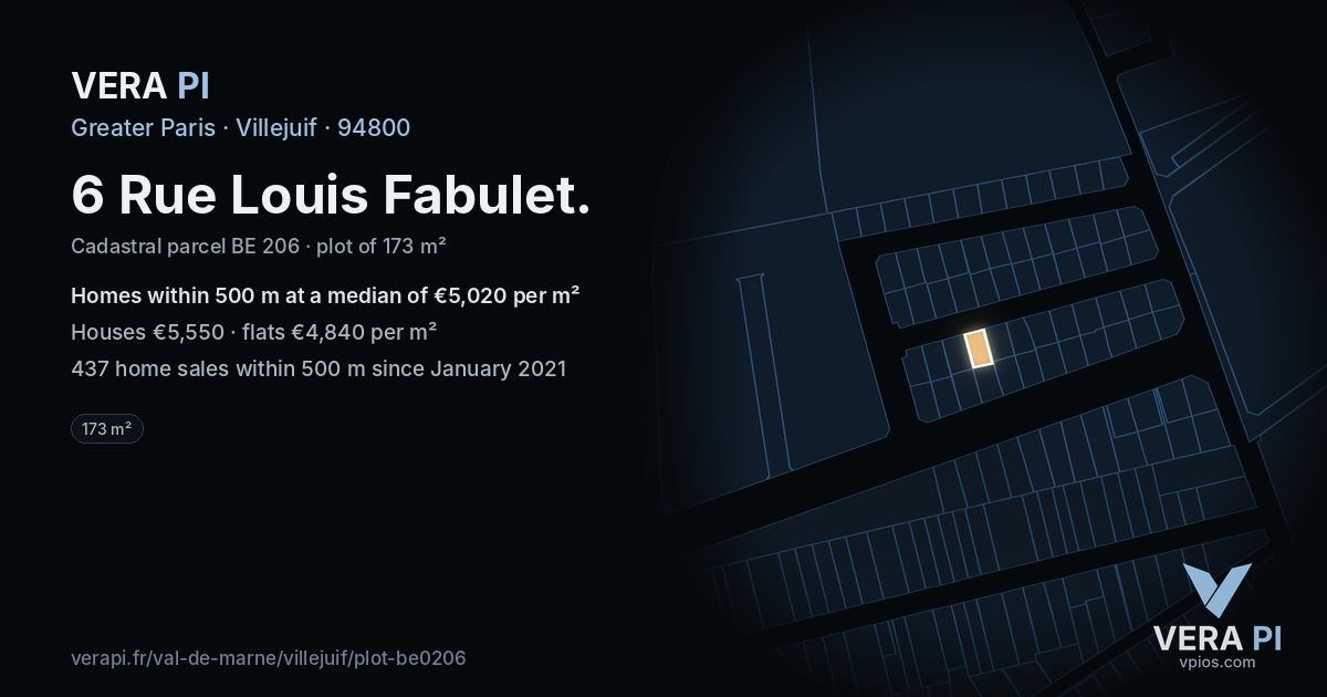 6 Rue Louis Fabulet, Villejuif at night – the plot lit, the parcels around coloured by the prices near them