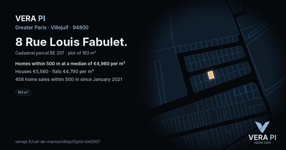 8 Rue Louis Fabulet, Villejuif at night – the plot lit, the parcels around coloured by the prices near them