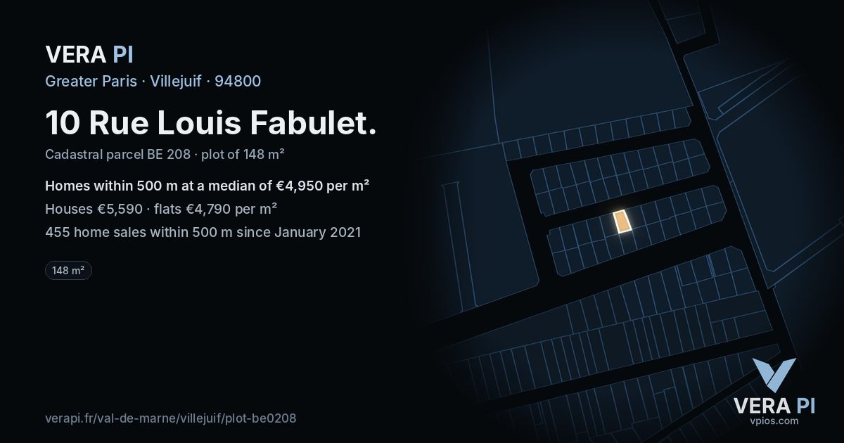 10 Rue Louis Fabulet, Villejuif at night – the plot lit, the parcels around coloured by the prices near them