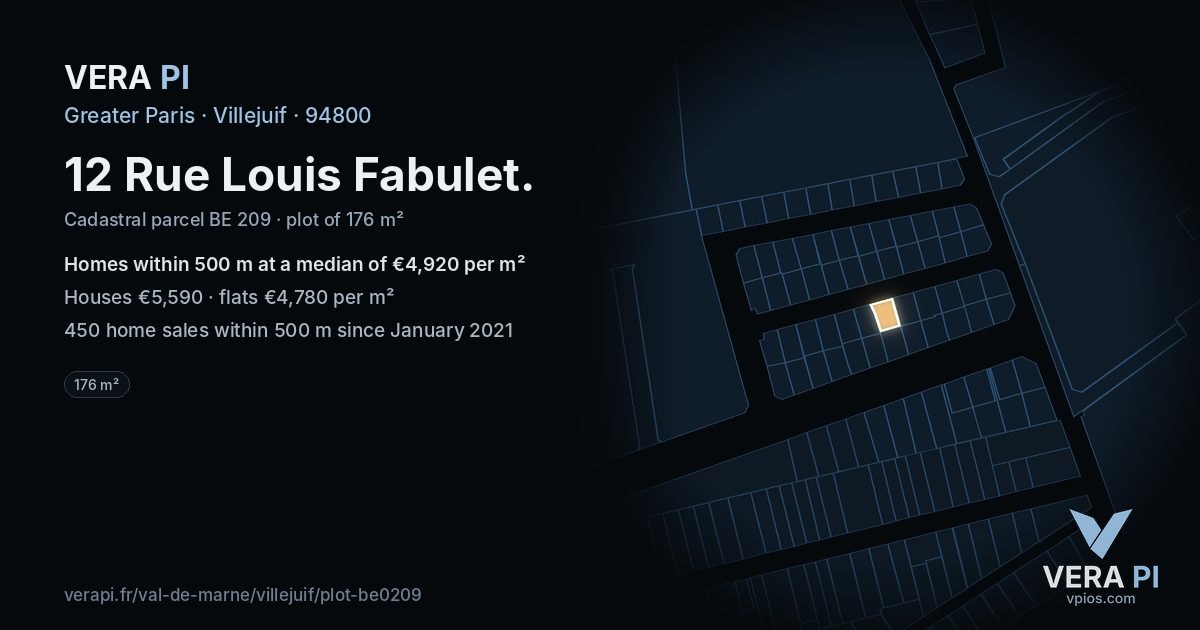 12 Rue Louis Fabulet, Villejuif at night – the plot lit, the parcels around coloured by the prices near them