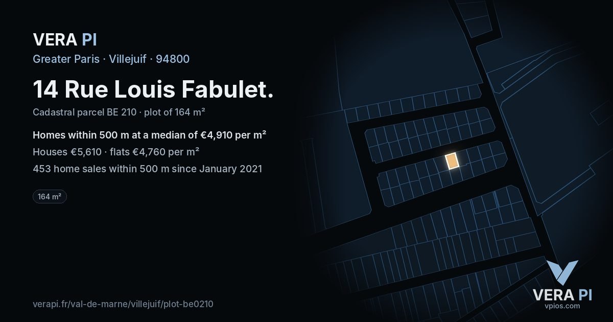 14 Rue Louis Fabulet, Villejuif at night – the plot lit, the parcels around coloured by the prices near them