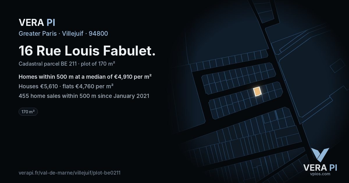 16 Rue Louis Fabulet, Villejuif at night – the plot lit, the parcels around coloured by the prices near them