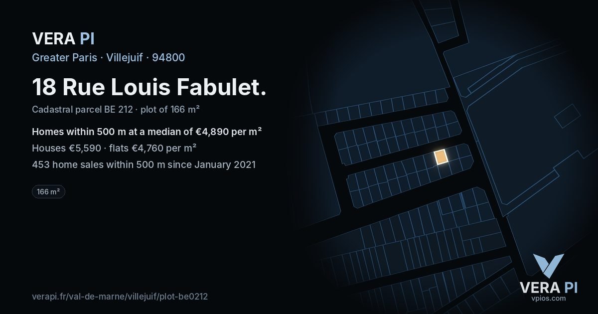 18 Rue Louis Fabulet, Villejuif at night – the plot lit, the parcels around coloured by the prices near them