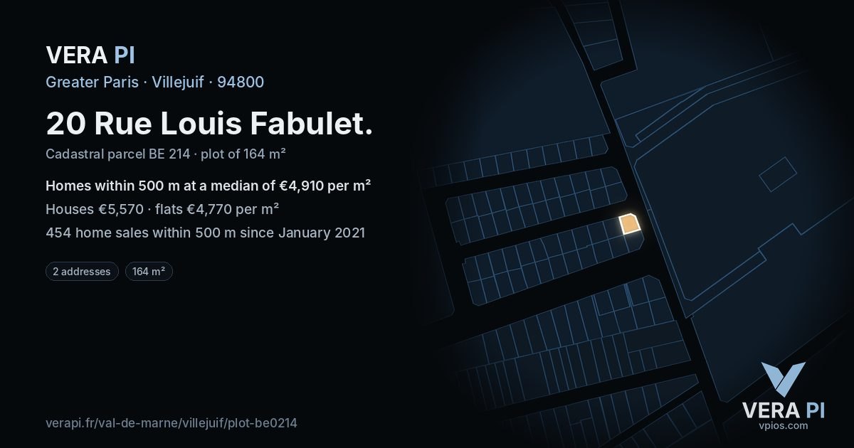 20 Rue Louis Fabulet, Villejuif at night – the plot lit, the parcels around coloured by the prices near them