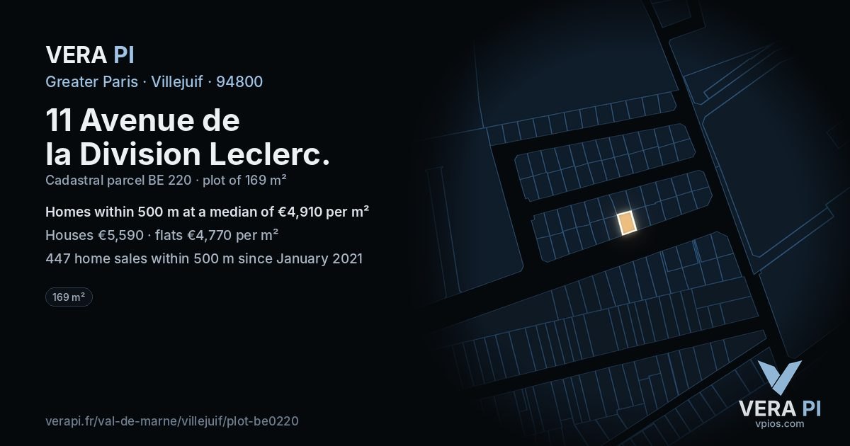 11 Avenue de la Division Leclerc, Villejuif at night – the plot lit, the parcels around coloured by the prices near them