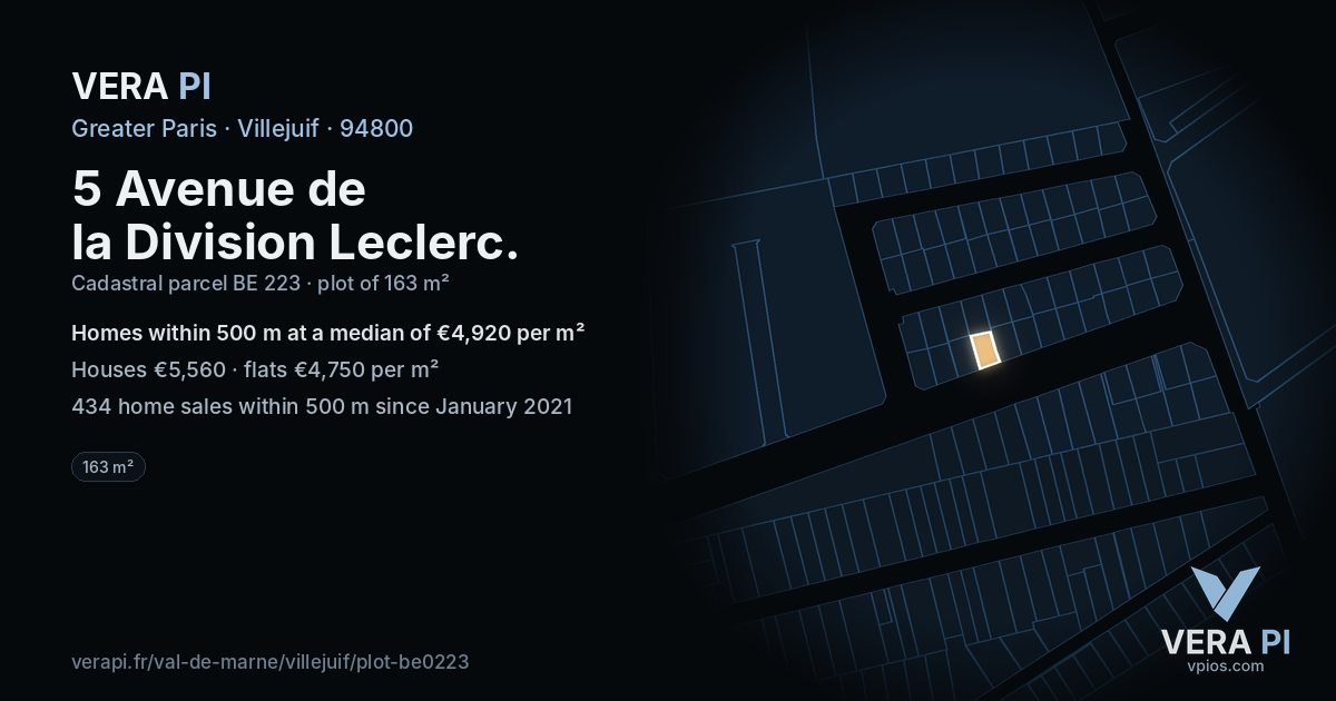 5 Avenue de la Division Leclerc, Villejuif at night – the plot lit, the parcels around coloured by the prices near them