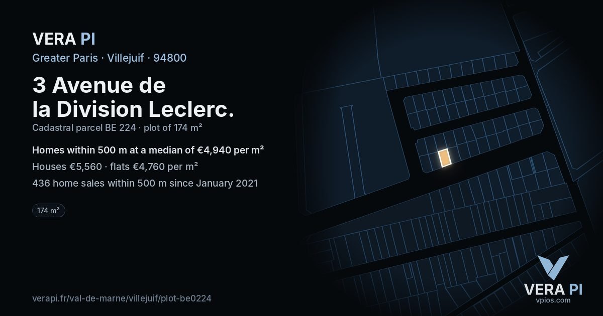 3 Avenue de la Division Leclerc, Villejuif at night – the plot lit, the parcels around coloured by the prices near them