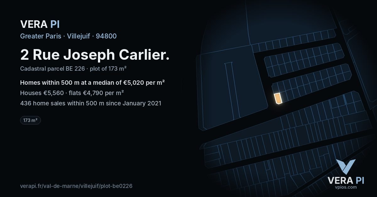 2 Rue Joseph Carlier, Villejuif at night – the plot lit, the parcels around coloured by the prices near them