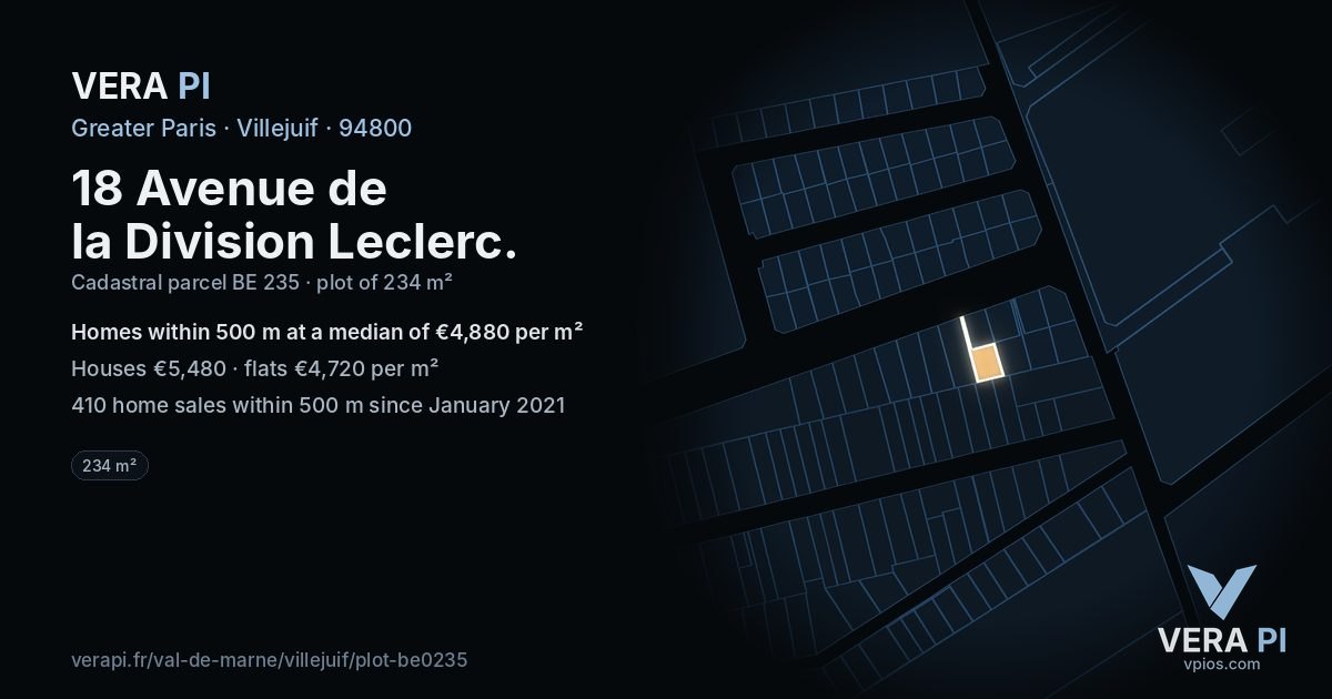 18 Avenue de la Division Leclerc, Villejuif at night – the plot lit, the parcels around coloured by the prices near them
