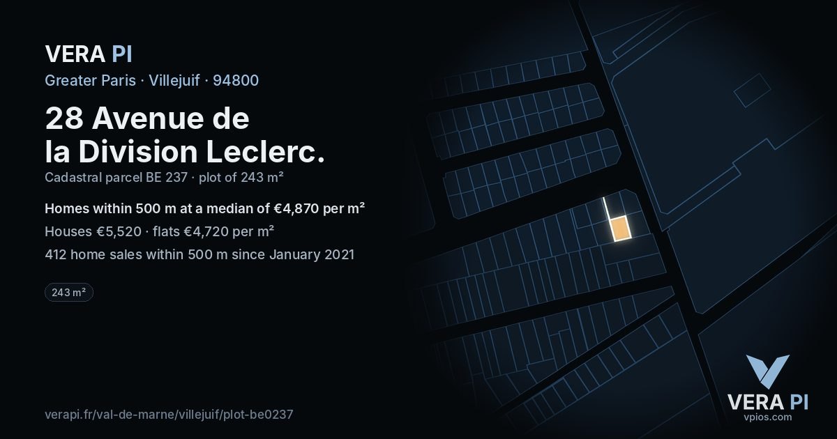 28 Avenue de la Division Leclerc, Villejuif at night – the plot lit, the parcels around coloured by the prices near them