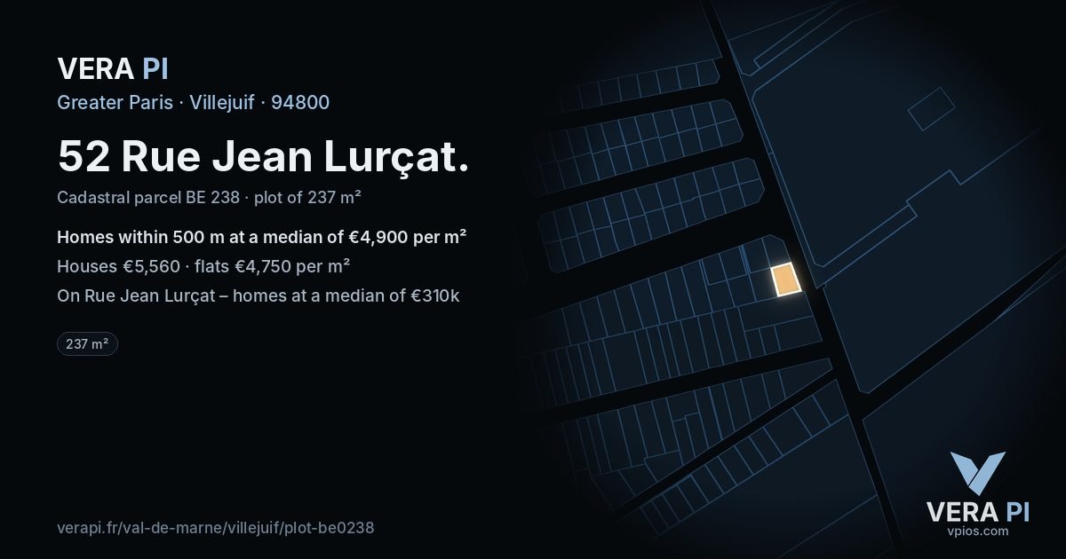 52 Rue Jean Lurçat, Villejuif at night – the plot lit, the parcels around coloured by the prices near them
