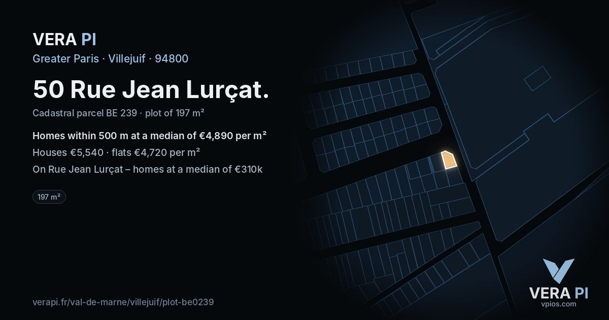 50 Rue Jean Lurçat, Villejuif at night – the plot lit, the parcels around coloured by the prices near them
