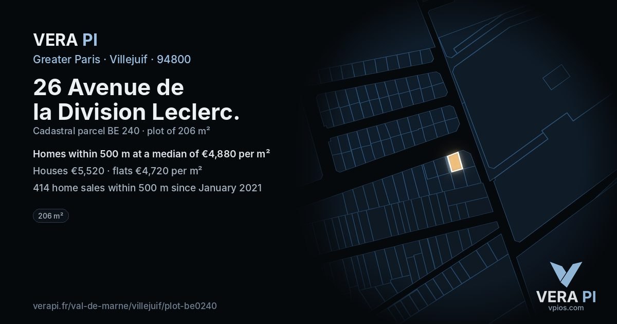 26 Avenue de la Division Leclerc, Villejuif at night – the plot lit, the parcels around coloured by the prices near them