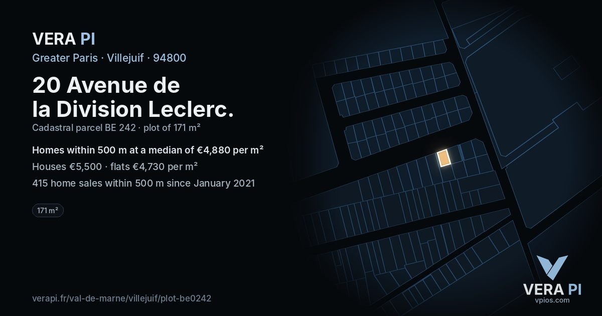 20 Avenue de la Division Leclerc, Villejuif at night – the plot lit, the parcels around coloured by the prices near them