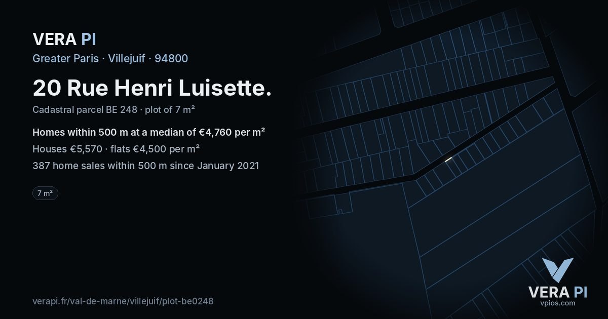 20 Rue Henri Luisette, Villejuif at night – the plot lit, the parcels around coloured by the prices near them