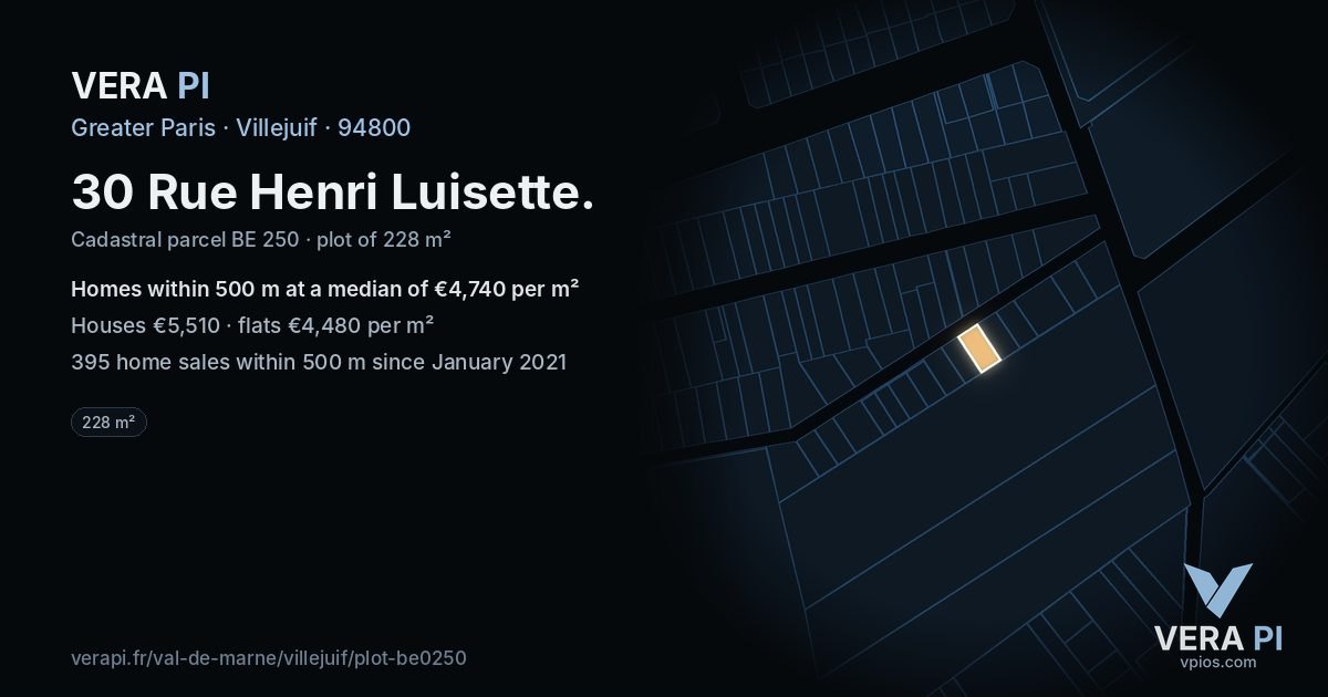 30 Rue Henri Luisette, Villejuif at night – the plot lit, the parcels around coloured by the prices near them