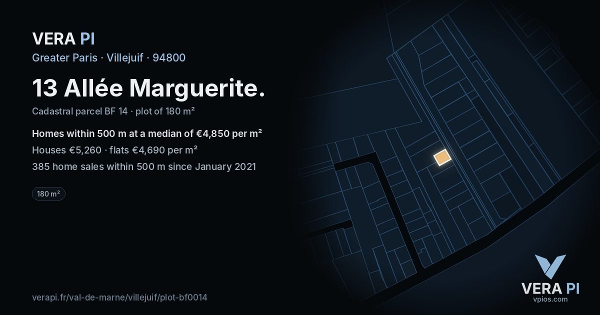 13 Allée Marguerite, Villejuif at night – the plot lit, the parcels around coloured by the prices near them