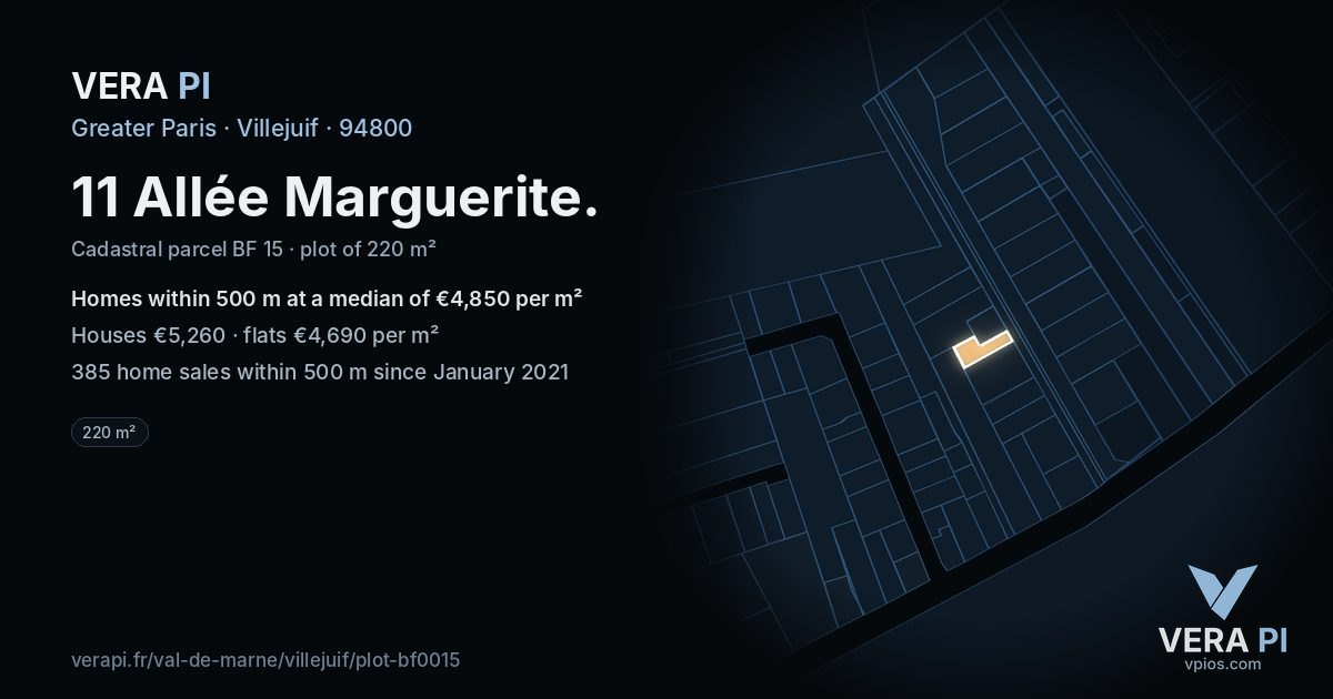 11 Allée Marguerite, Villejuif at night – the plot lit, the parcels around coloured by the prices near them