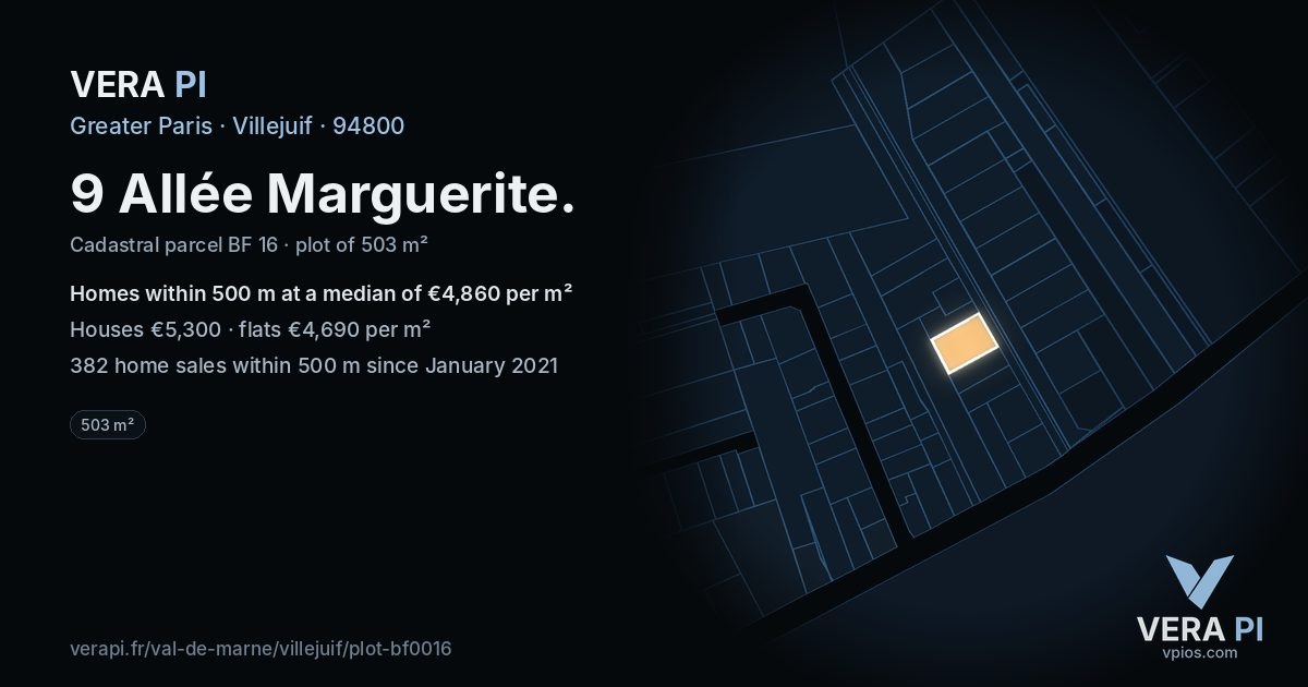 9 Allée Marguerite, Villejuif at night – the plot lit, the parcels around coloured by the prices near them