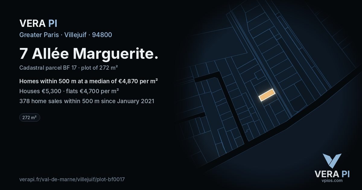 7 Allée Marguerite, Villejuif at night – the plot lit, the parcels around coloured by the prices near them