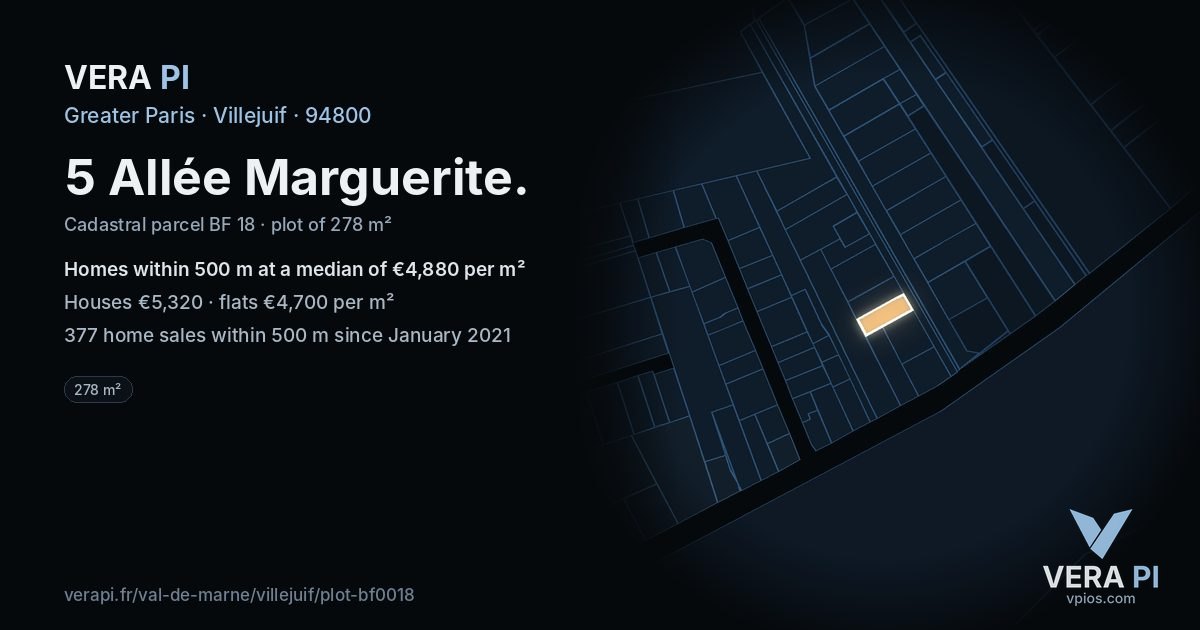 5 Allée Marguerite, Villejuif at night – the plot lit, the parcels around coloured by the prices near them