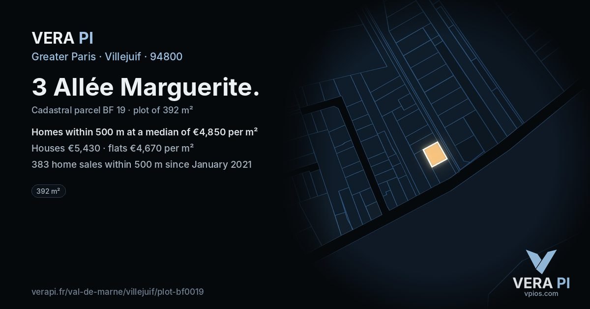 3 Allée Marguerite, Villejuif at night – the plot lit, the parcels around coloured by the prices near them