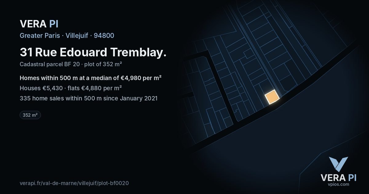 31 Rue Edouard Tremblay, Villejuif at night – the plot lit, the parcels around coloured by the prices near them