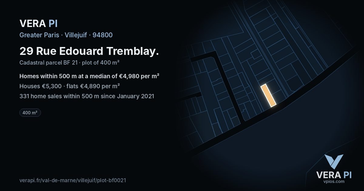 29 Rue Edouard Tremblay, Villejuif at night – the plot lit, the parcels around coloured by the prices near them
