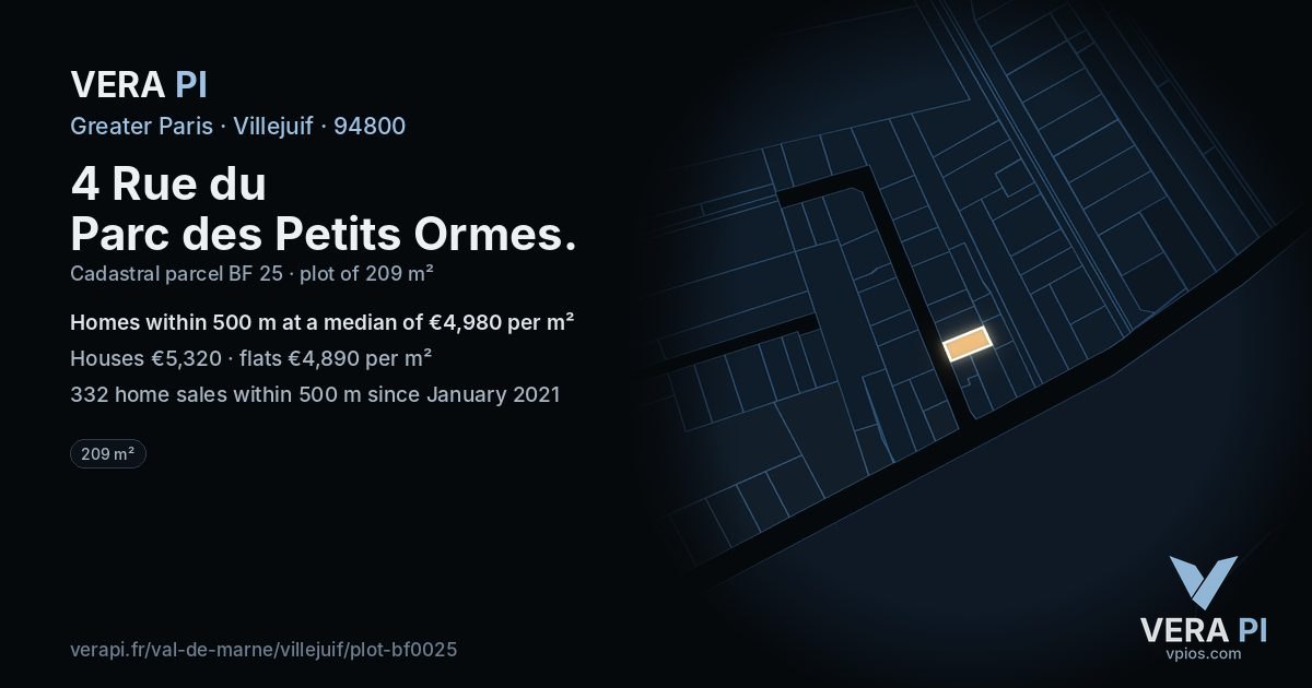 4 Rue du Parc des Petits Ormes, Villejuif at night – the plot lit, the parcels around coloured by the prices near them