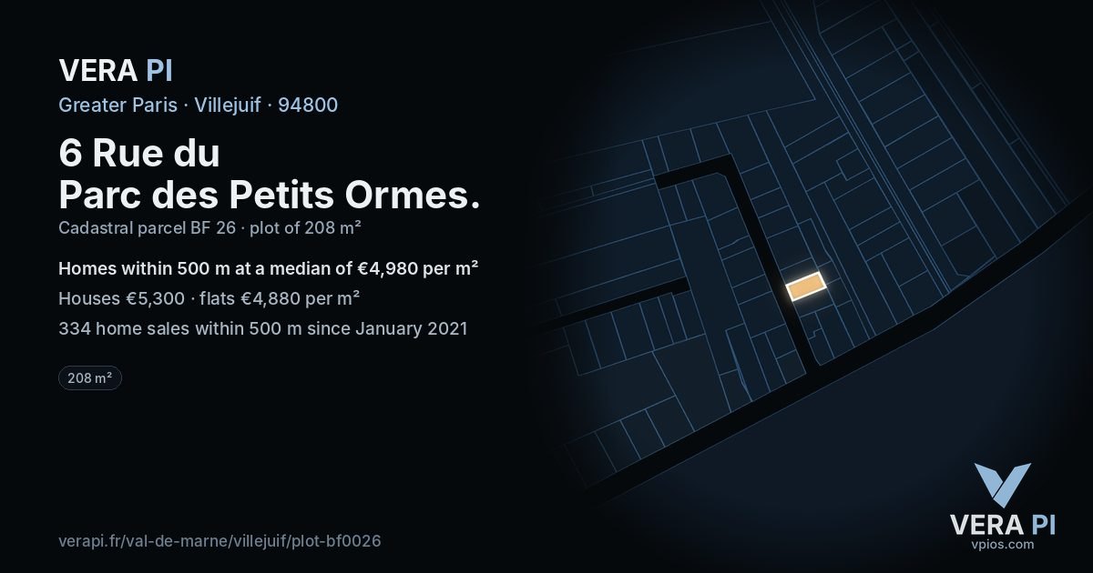 6 Rue du Parc des Petits Ormes, Villejuif at night – the plot lit, the parcels around coloured by the prices near them