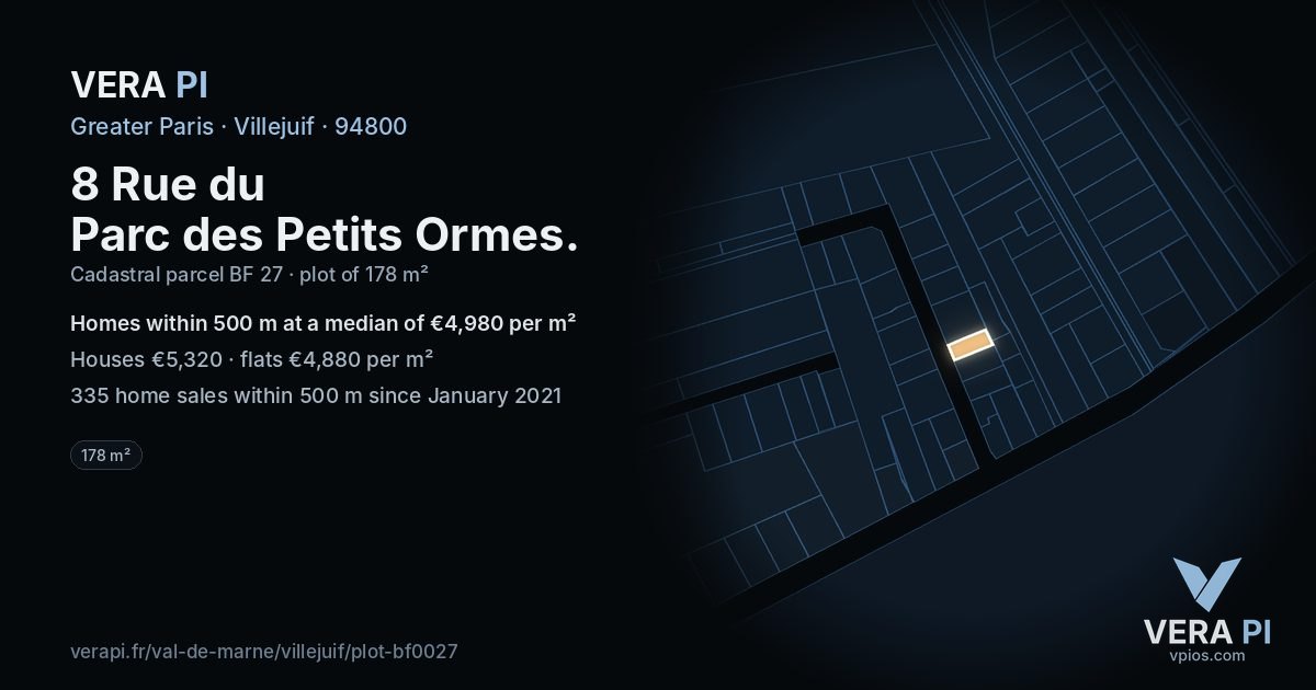 8 Rue du Parc des Petits Ormes, Villejuif at night – the plot lit, the parcels around coloured by the prices near them