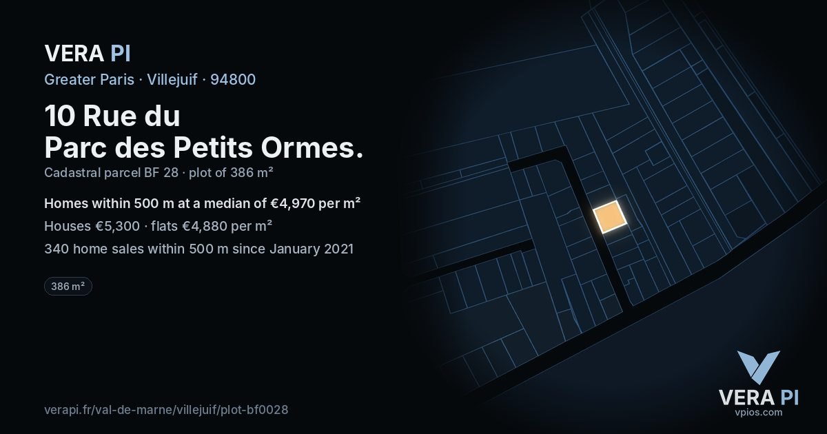 10 Rue du Parc des Petits Ormes, Villejuif at night – the plot lit, the parcels around coloured by the prices near them