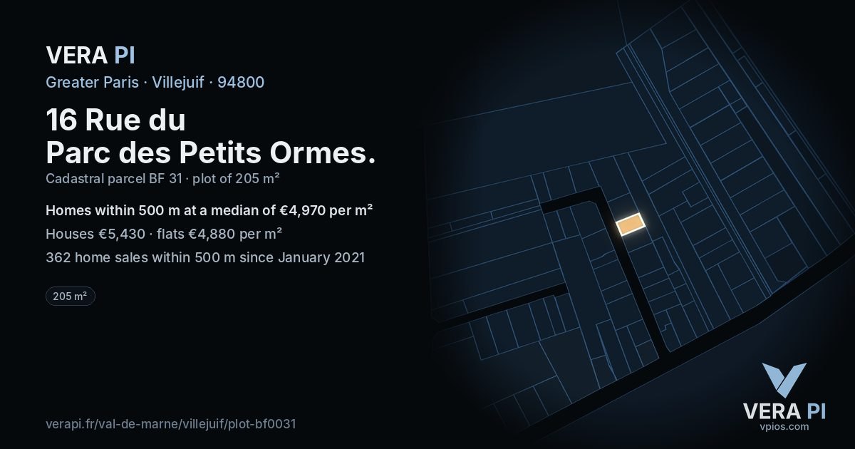 16 Rue du Parc des Petits Ormes, Villejuif at night – the plot lit, the parcels around coloured by the prices near them